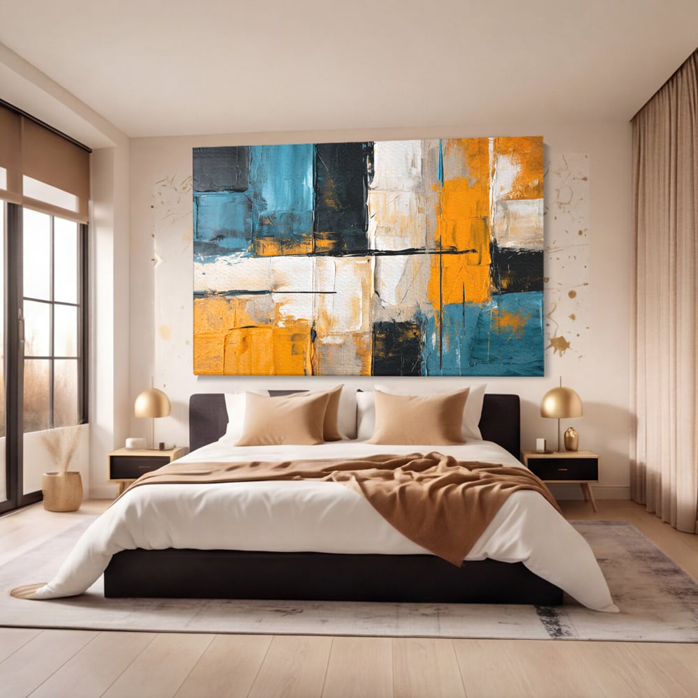 Tablou canvas cu tablou canvas abstract geometric, fara rama, pe sasiu de lemn, pe perete intr-un dormitor